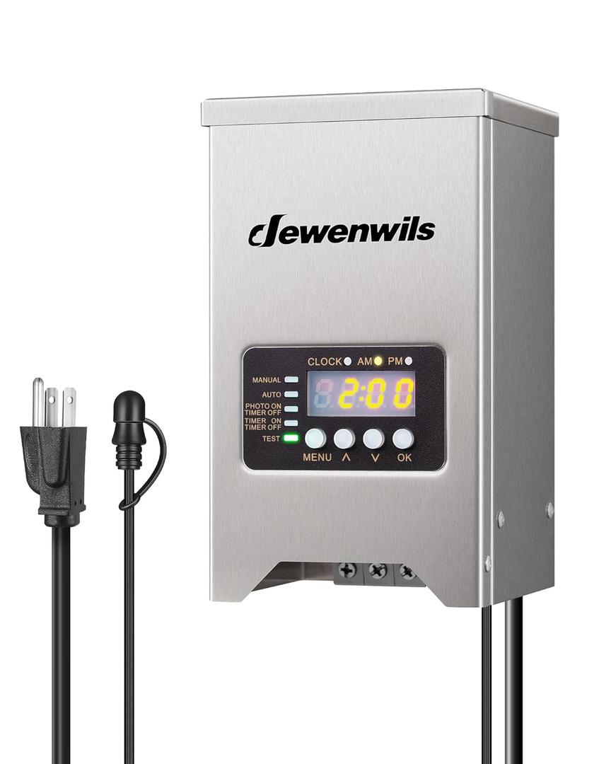 DEWENWILS 200W Low Voltage Landscape Transformer, Outdoor Low Voltage Transformers with Photocell Sensor & Timer, 120V AC to 12V/15V AC Waterproof, Landscape Lighting Transformer for LED Lighting