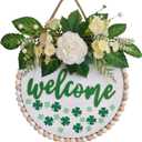 TEMPUS 14-Inch Welcome Sign for Front Door - Wooden Bead Wreath with Spring Summer Flowers and Greenery, Farmhouse Porch Wall Hanging, Year-Round Indoor Outdoor Home Entrance Decoration