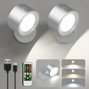 Lightbiz LED Reading Lights, Wall Lights Sconces 2 Pcs with Remote Rechargeable Battery Operated, 3 Color Temperatures & Dimmable Light Magnetic Ball 360Rotation, Lamps for Study Bedside Closet