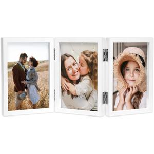 4x6 Triple Picture Frame Hinged 3 Photos Folding Photo Frames with Glass Vertical Stand Frames, White