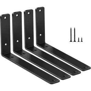 4 Pack - L 10" x H 6" x W1.5, 5mm Thick Black L Shelf Bracket, Iron Shelf Brackets, Metal Shelf Brackets, Floating Shelf, Shelf Supports with Screws