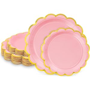 50 Pcs Light Pink Paper Plates, 25 Pcs 9" and 25 Pcs 7" Disposable Pink Scalloped Plates with Gold Foil for Graduation Wedding Baby Shower Birthday Party Picnic BBQ Valentines Day