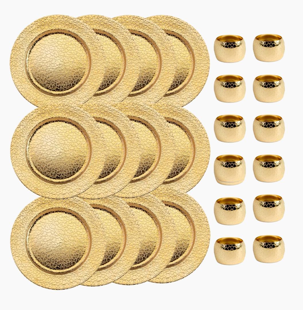 13 Inch Round Elegant Serve ware Charger Plates with Matching Napkin Rings, Wedding, Dinner party, Event - Choose from our Variety of Styles and Quantities (12, Cracked Gold)
