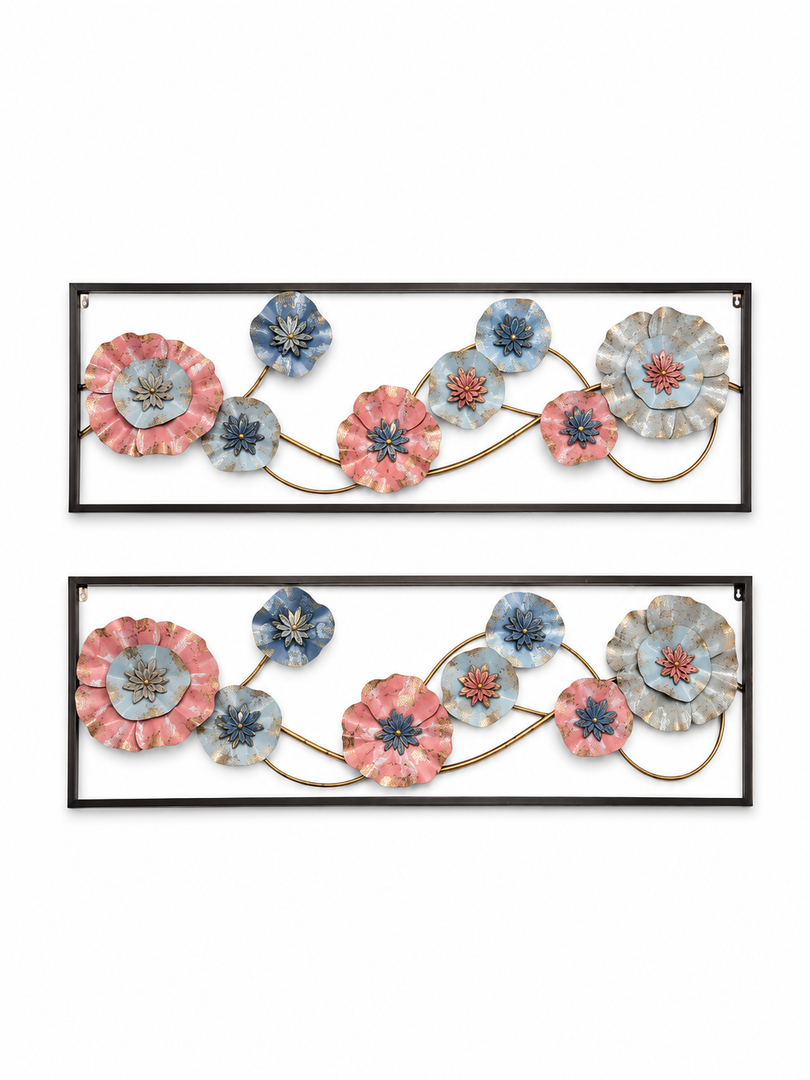 Wall Art for Living Room, Metal Framed Red & Blue Flowers, 36" x 12"