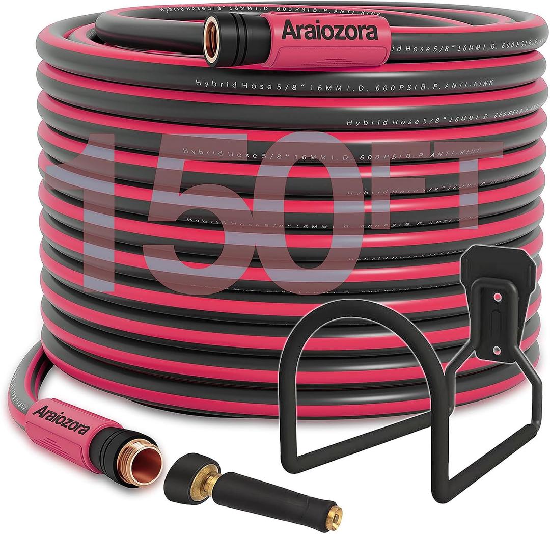 150FT 5/8 Inch Hybrid Garden Hose - 600 PSI, Kink Resistant, Freeze Resistant - with Solid Brass Twist Hose Nozzle & Metal Holder for Large Yard