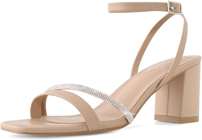 GRACESTRIDE Rhinestone Strappy Heels for Women Square Toe Chunky Block Heels Ankle Buckle Heeled Sandals, Dark Nude, 7.5
