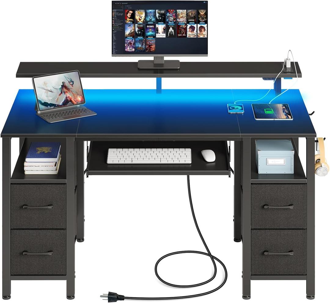 Seventable Computer Desk 55.1" with LED Lights & Power Outlets, Home Office Desk with 4 Drawers, Writing Desk with Keyboard Tray, Study De sk with Monitor Stand, Work for Home Office, Black