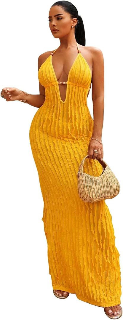 SISKIN Sexy Halter Backless Maxi Dress Sleeveless Deep V Neck Dress Beach Party Long Dresses (Yellow, S)