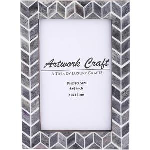 Bone Photo Frame Chevron Herringbone Art Vintage Table-Top/Wall Dcor With Premium Back Painted Picture Frames Gray and White (6x4 inch)