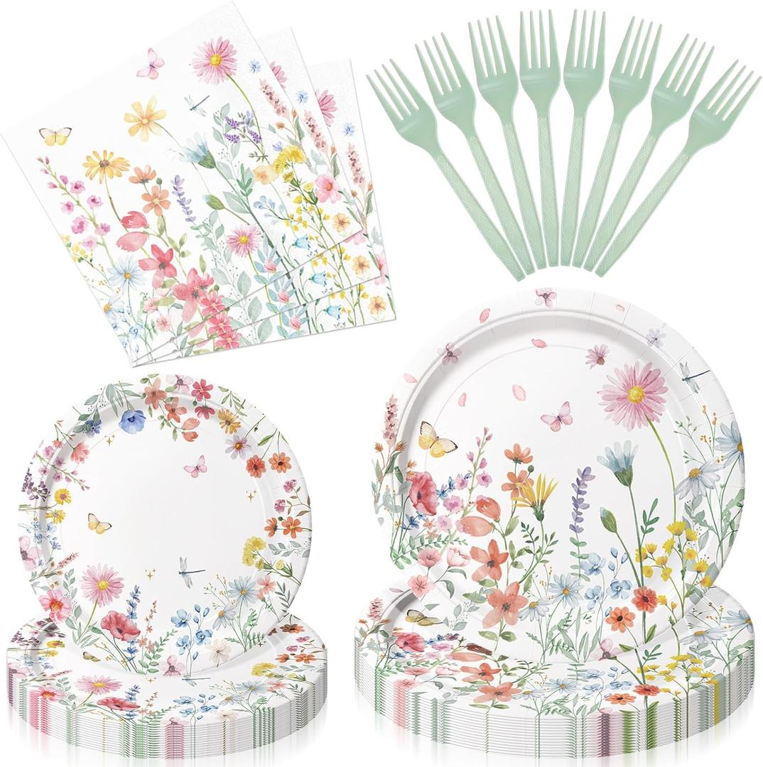 96 Pieces Spring Wildflower Floral Tableware Set Garden Flower Disposable Plates, Napkins for Spring Birthday, Bridal Shower, Tea Party, and Mothers Day Celebrations Serves 24 Guests