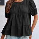 Tankaneo Womens Puff Sleeve Peplum Babydoll Tops Summer Flowy Pleated Cotton T-Shirts Casual Loose Fit Cute Blouse (Black, M)