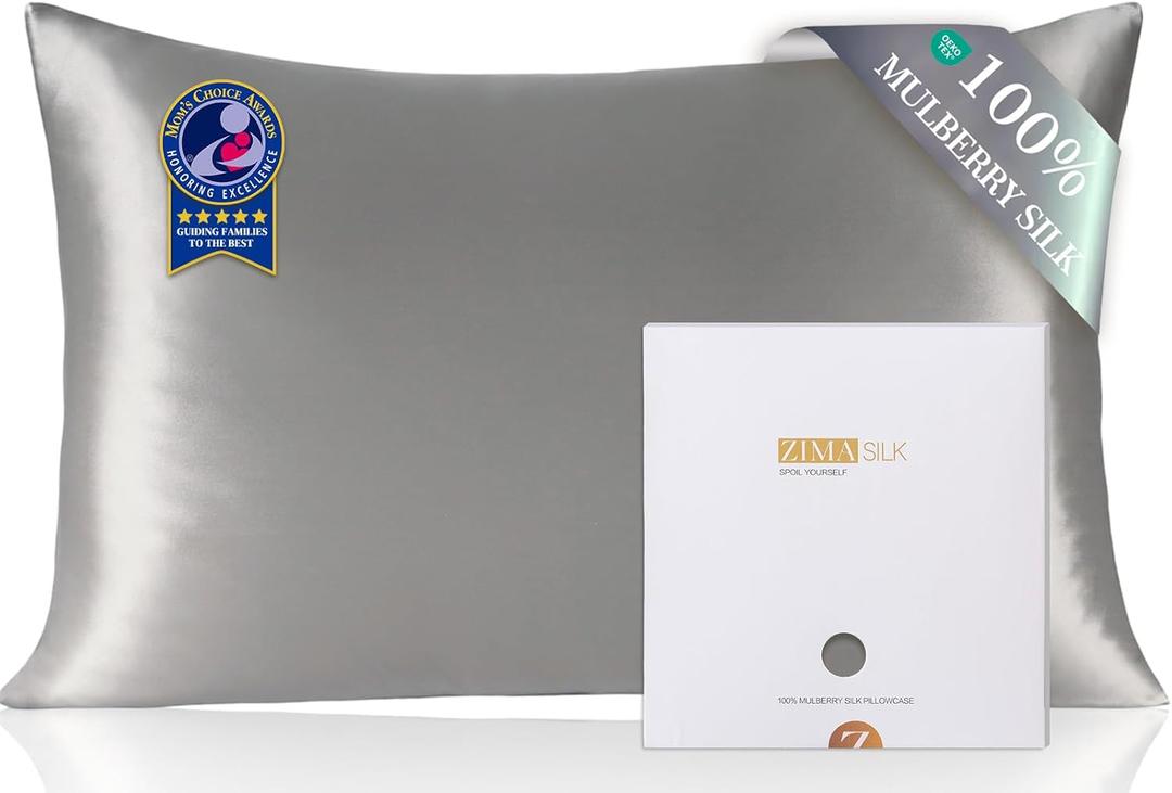 ZIMASILK 100% Pure Mulberry Silk Pillowcase for Hair and Skin Health, Soft and Smooth, Both Sides Premium Grade 6A Silk,600 Thread Count, with Hidden Zipper,1pc(Standard 20''x26'', Gray)