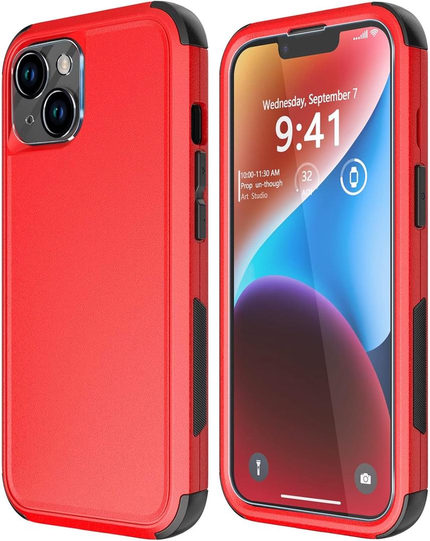 Diverbox for iPhone 14 Case [Shockproof] [Dropproof] [Tempered Glass Screen + Camera Lens Protector],Heavy Duty Protection Phone Case Cover for Apple iPhone 14 (Red-3in1)