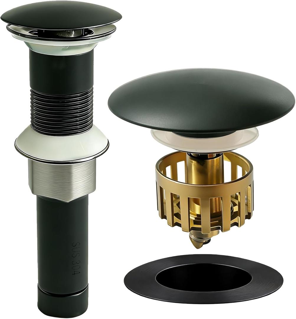 Bathroom Sink Drain, Without Overflow, Pop up Sink Drain Stopper with Strainer Plug for Vessel Sink Lavatory Vanity, SUS 304 Stainless Steel, Matte Black