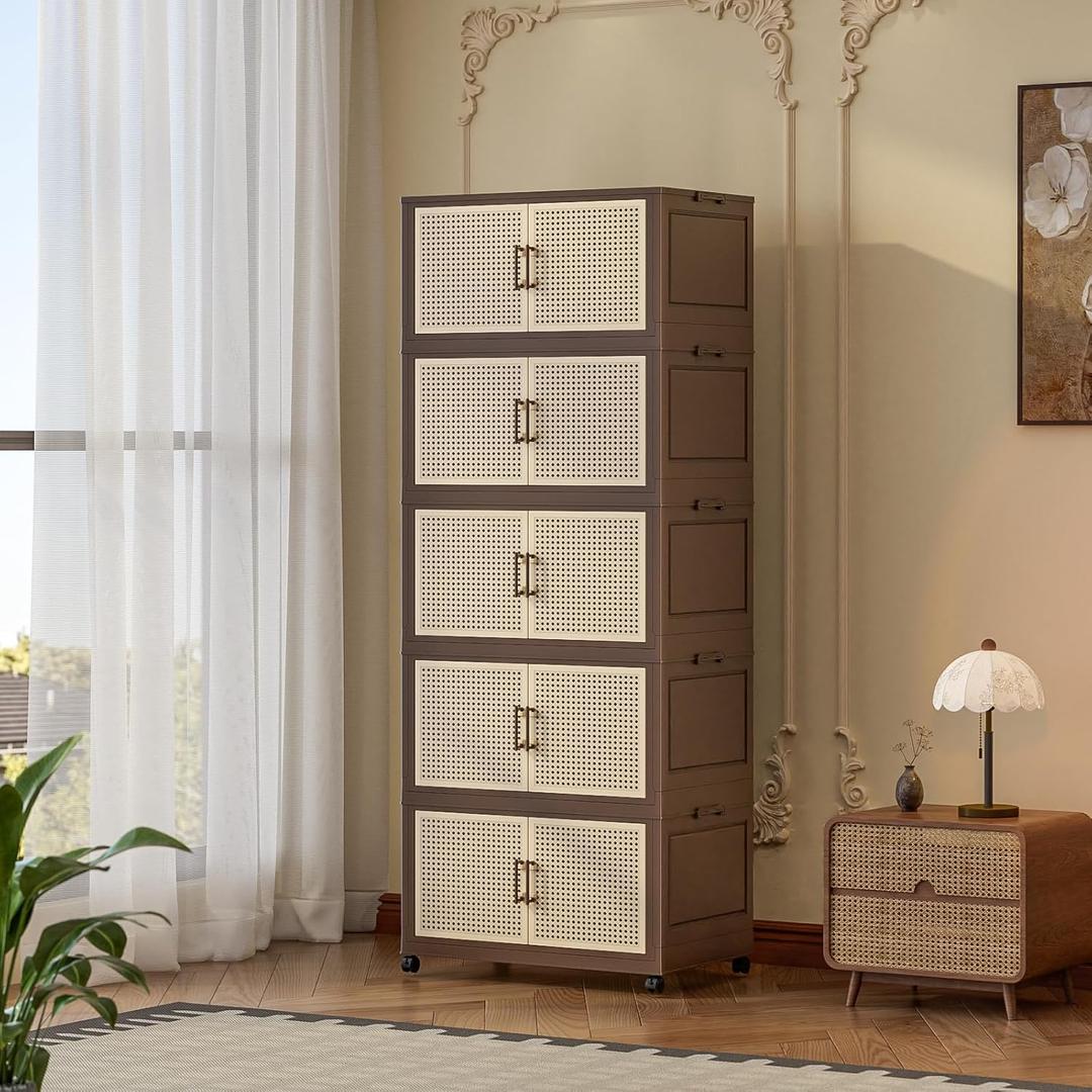 Vintage 279 QT Stackable Storage Bins, Sturdy Storage Boxes with Lids and Wheels, Easy Assembled Collapsible Storage Bins Stackable Closet Organizer and Storage for Dorm, Home, Office,5 Pack