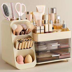 HBlife Makeup Organizer with Brush Holder for Vanity, Large Plastic Bathroom Countertop Organizer Skin Care Storage, Easy to Store Lipsticks, Nail Polishes, Perfumes, Eyeshadow Palettes, Beige