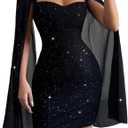 Women's Sequin Cloak Sleeve Dress Mock Neck Cocktail Long Flowy Sleeves for Going Out Fromal Prom Party (Black, L)