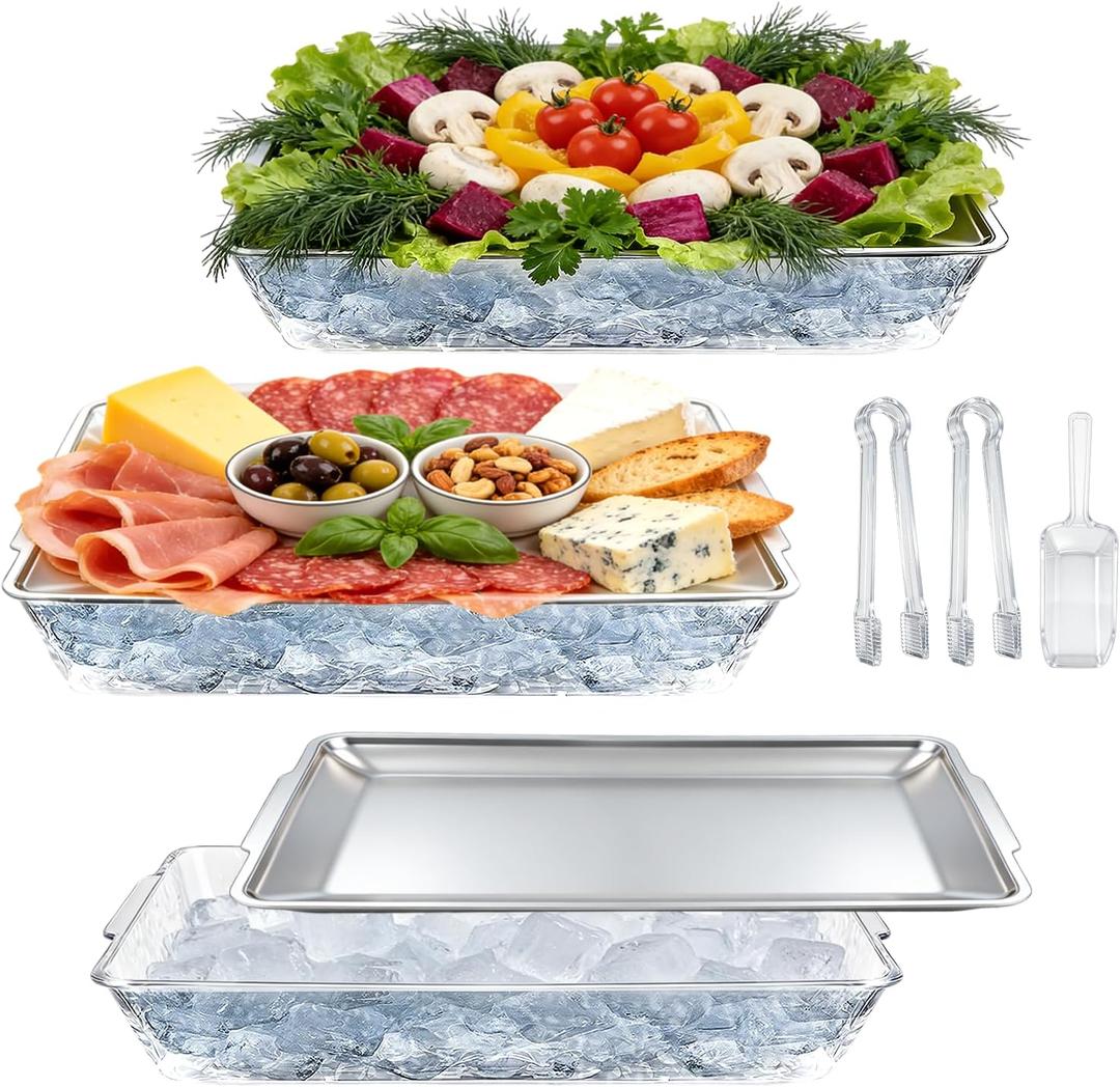 3 Pcs 16" x 9.45'' Chilled Serving Tray with Compartments Rectangle Silver Ice Charcuterie Dish with Ice Scoop Plastic Clips for Appetizer Parties Fruit Vegetable Seafood