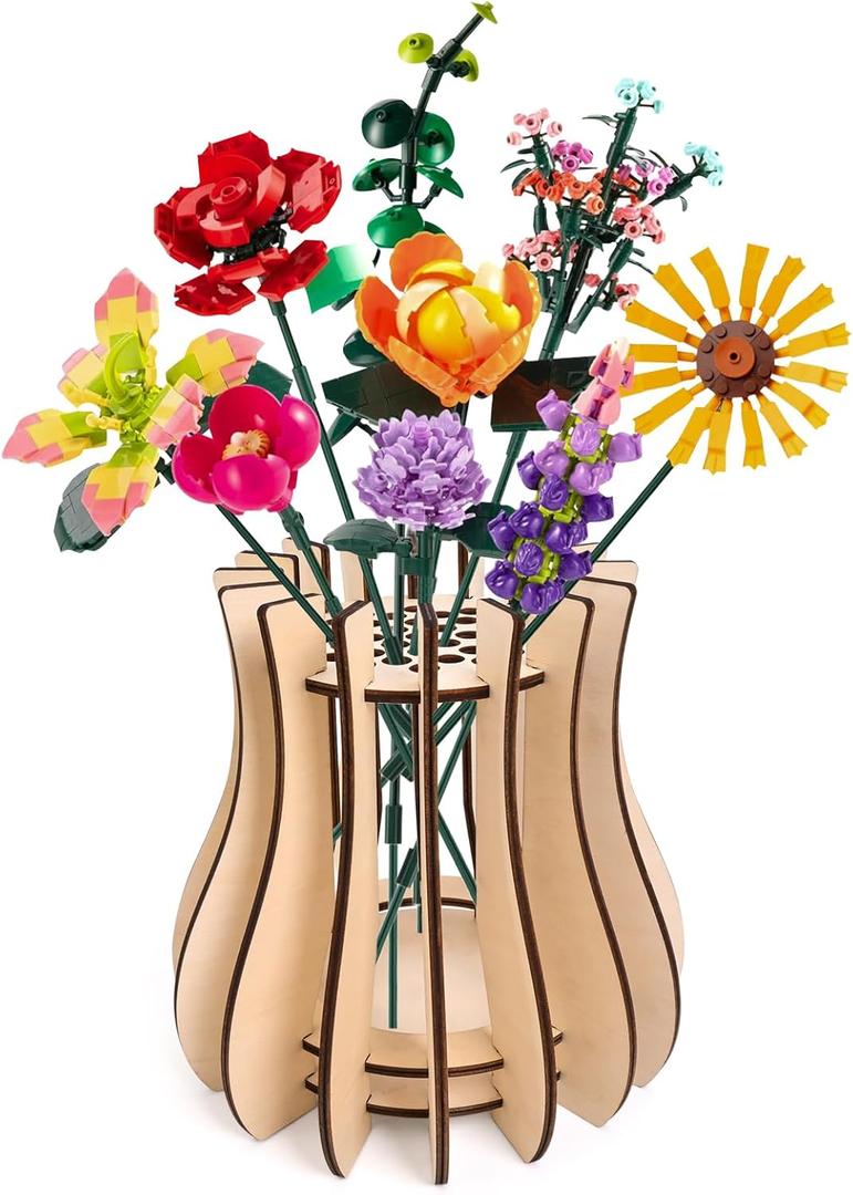 Wooden Vase Kit for Lego Roses Cherry Blossom Sunflower Tulips Daffodils Lotus Cute Flower Vase for Lego Bouquet Arrangement Home Decoration for Women AdultsNatural