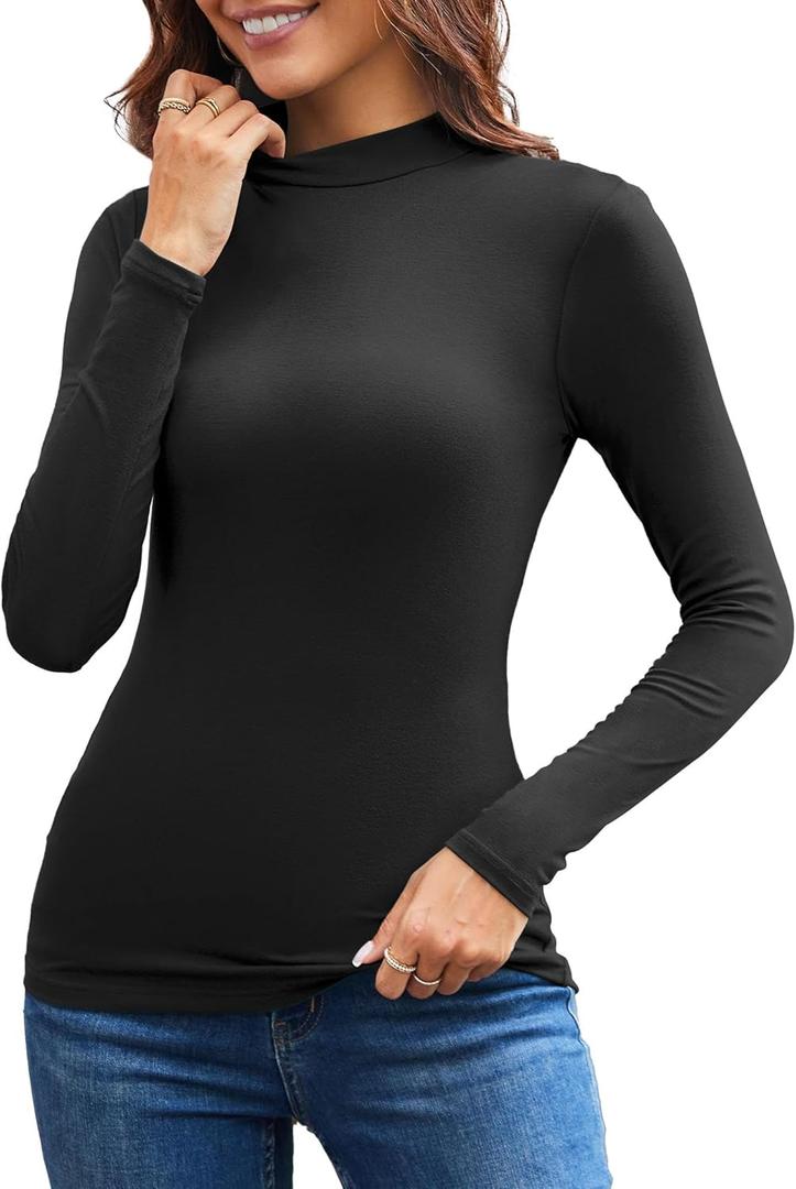 Florboom Women's Basic Tops Mock Neck Long Sleeve T-Shirts Slim-Fit Undershirts Tee (Black)