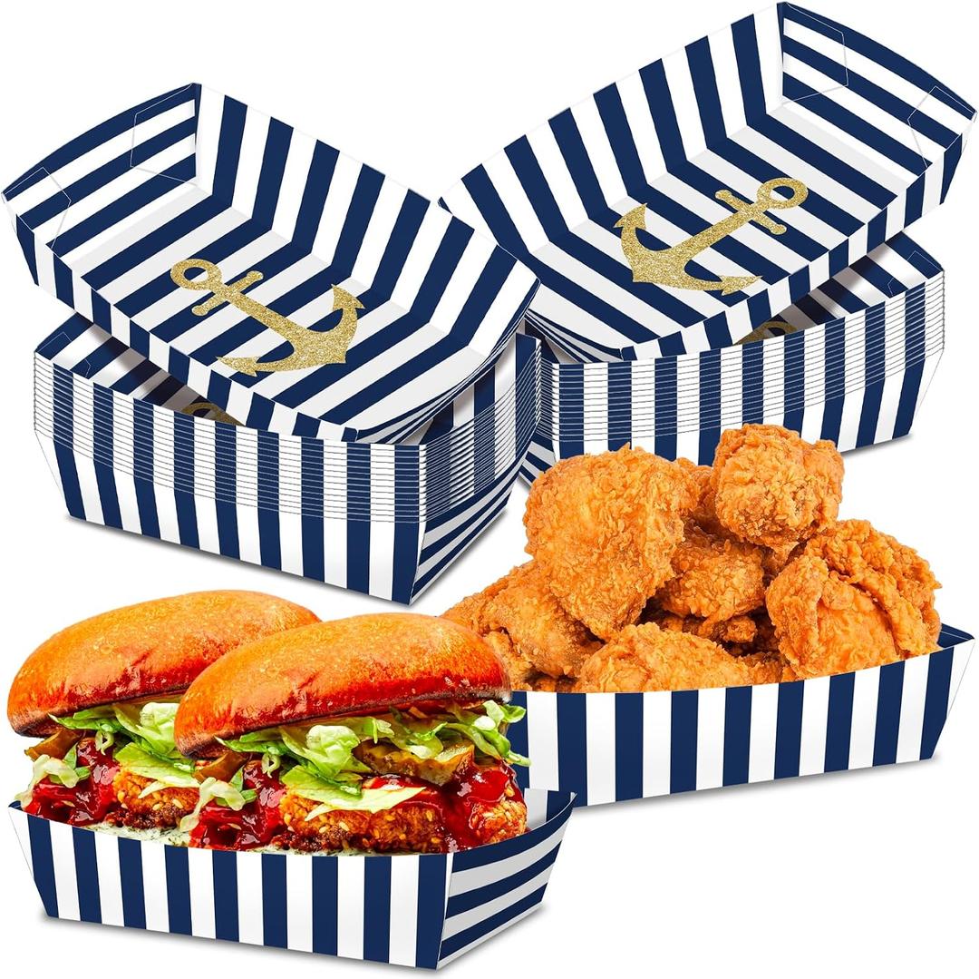 No Folding Required 50 Pack 2 Lb Nautical Party Food Trays Nautical Plates Birthday Party Supplies Nautical Themed Nacho Holders Paperboard Tray Disposable Serving Trays