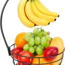 Livabber Countertop Fruit Basket Bowl with Banana Hanger, Modern Standing Fruit Vegetable Bowl Storage, with Banana Tree Holder for Kitchen Dinning Table (Round Marble, Black)