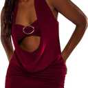 Verdusa Women's Sexy Backless Halter Ruched Crop Tops Drape Cut Out Going Out Tops with Bandeau Bra (Burgundy) S
