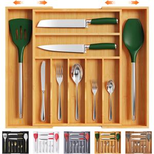 Bellsal Large Premium Bamboo Silverware Organizer - Expandable Utensil Drawer Organizer - 17"x19.6" Utensil Holder and Cutlery Tray with Grooved for Kitchen Flatware and Utensils Mother's Day Gift