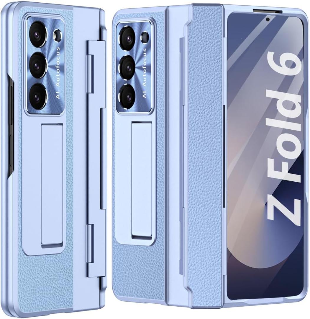 for Galaxy Z Fold6 Case, with Screen Protector, Rugged Hinge Protection, Camera Lens Cover, PU Leather Protective Phone Case for Samsung Z Fold 6, Blue