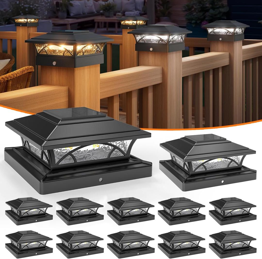 APONUO Solar Post Cap Lights 12 Pack - 4x4 5x5 6x6 Fence Post Lights, Auto On/Off, Waterproof IP64, 2-Mode (Warm/Cool White), Deck Patio Yard Solar Light for Wood & Vinyl Posts, Black