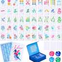 Soulchen 168 Pcs Mahjong Playing Cards American Style Blossom Numbered Large Print PVC Poker Mahjong Tiles with 4 Dices 2 Storage Box for Travel Home, Portable Gift(Floral,Blue)