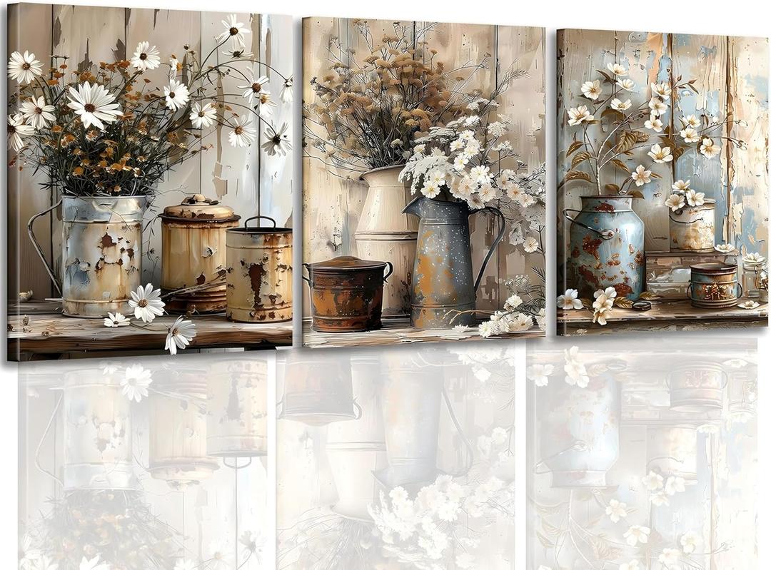 3Pcs Framed Rustic Daisy Vase Canvas Wall Art Vintage Farmhouse Floral Picture Print Poster for Bedroom Office Estate Gallery 16x24 Inch Ready to Hang