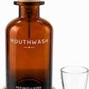 Mouthwash Dispenser for Bathroom, 12 OZ Refillable Glass Mouthwash Bottle with Cup and Bamboo Tray, Decorative Mouth Wash Dispenser Set for Bathroom (Amber)