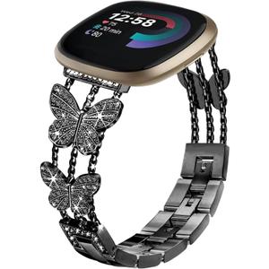 Bling Band, Compatible for Fitbit Versa 2/1/Lite/SE, 22mm Diamond Stylish Women Strap Replacement for Fitbit Versa Smartwatch (Butterfly-Black)
