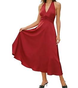 RIHOAS Women's Wedding Guest Formal Dress Sleeveless V Neck Summer Halter Backless Ruched Cocktail Maxi Dresses Evening Red M