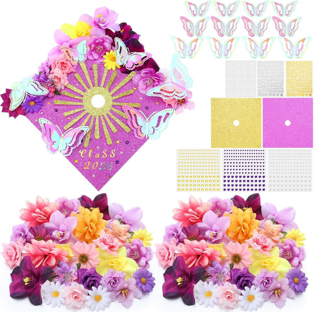 2 x Wavwavw 44 Pcs DIY Graduation Cap Decorations Kit Purple Grad Cap Decorations 3D Artificial Flowers Butterfly Decals Rhinestone Pearl Stickers Letter Stickers Glitter Paper for 2026 Grad Hats Decor