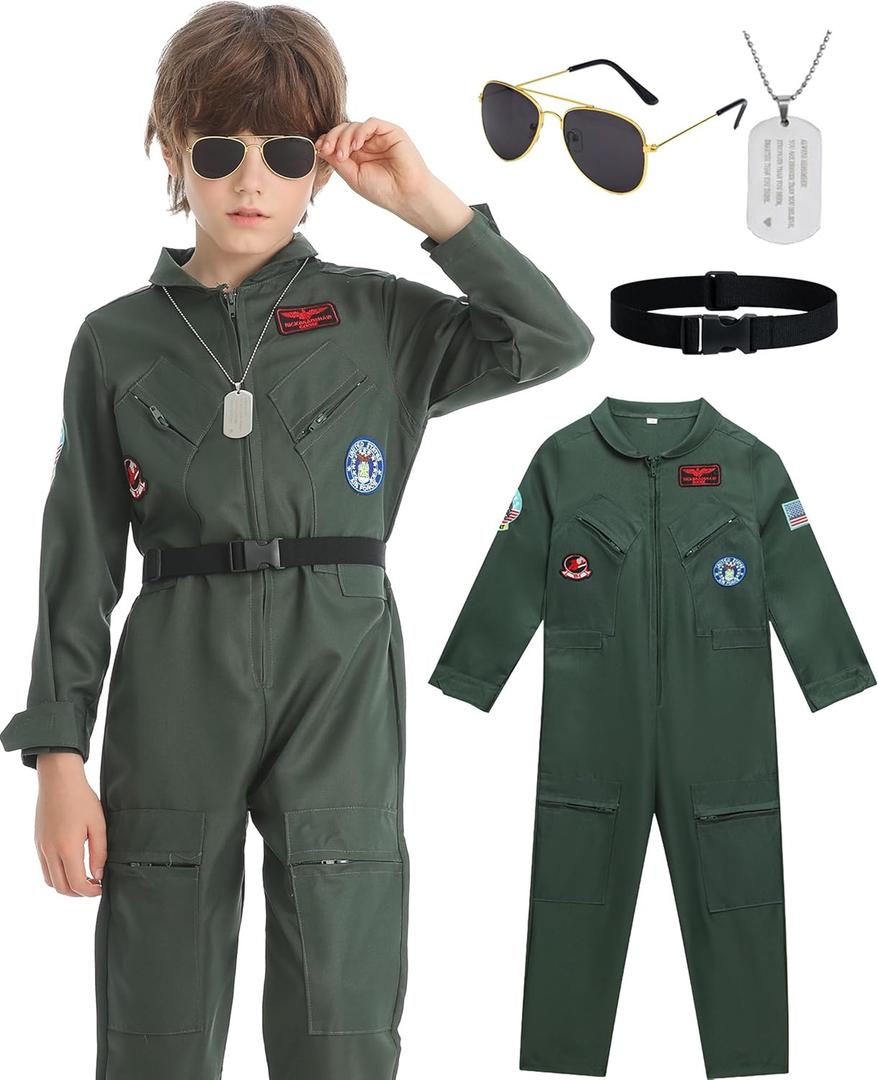 DINIZIMO 4 Pcs Fighter Pilot Costume for Kids Air Force Flight Suit Cosplay Halloween with Accessories Set (Large(8-10 Yrs))