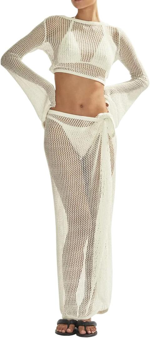 Women's Swimsuits Cover Ups Set for Crochet Bathing Suit Hollow Out 2 Piece Bikini Coverup Beach Swimwear (White)