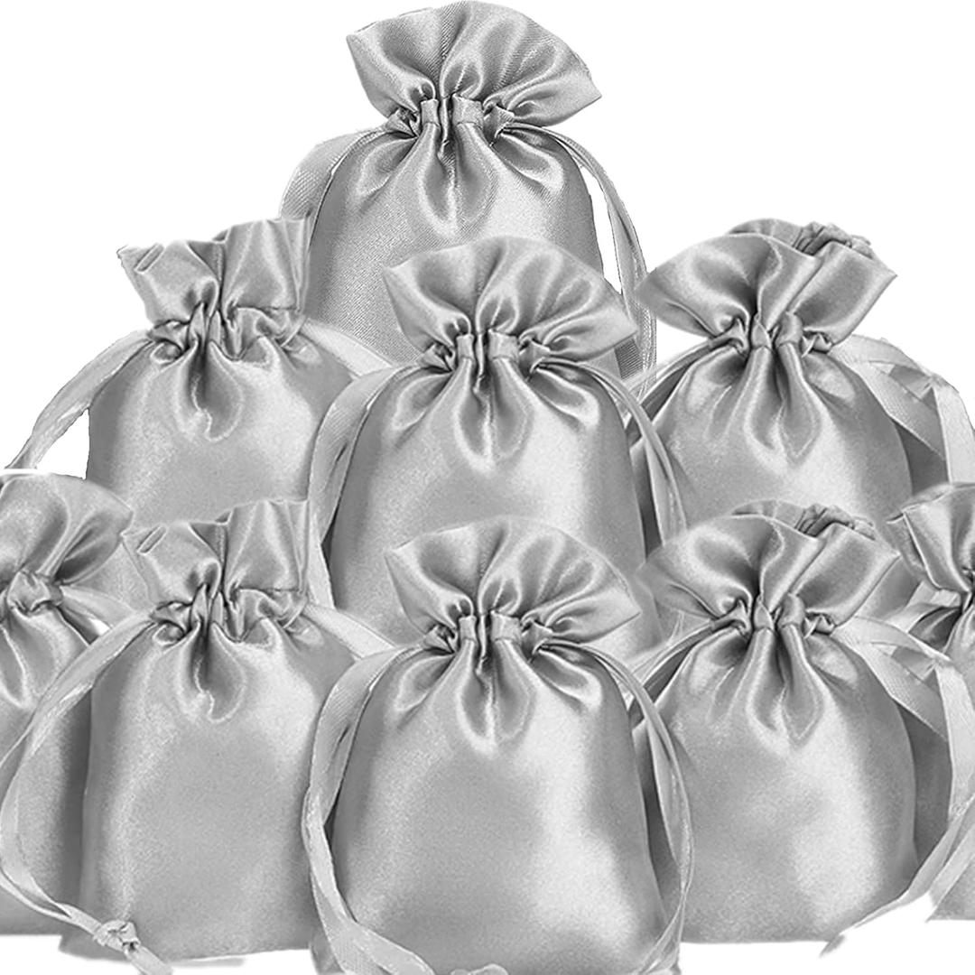 50 Pieces 3 x 4 Satin Bags with Drawstring Gift Pouch Mini Jewelry Small Wedding Favor Bags Smooth Soft Satin Fabric Candy Pouches for Baby Shower Decoration(Silver)