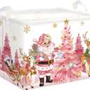 Pink Santa Claus Baby Laundry Hamper Christmas Clothes Kids Storage Basket Large Poinsettia Reindeer Sleigh Snowflake Girls Gift Toy Box Bin, Tree, 36L