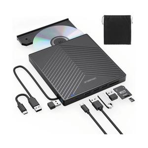 External CD DVD Drive, Ultra Slim CD Burner USB 3.0 with 4 USB Ports and 2 TF/SD Card Slots, Optical Disk Drive for Laptop Mac, PC Windows 11/10/8/7 Linux OS