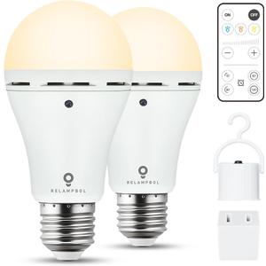 2 Pack Rechargeable Emergency Light Bulbs with Remote Timer and 3 Color Temperatures, Battery Backup Bulb for Sconces and Lamps - Dimmable 9W Power Outage Blackout LED Bulbs