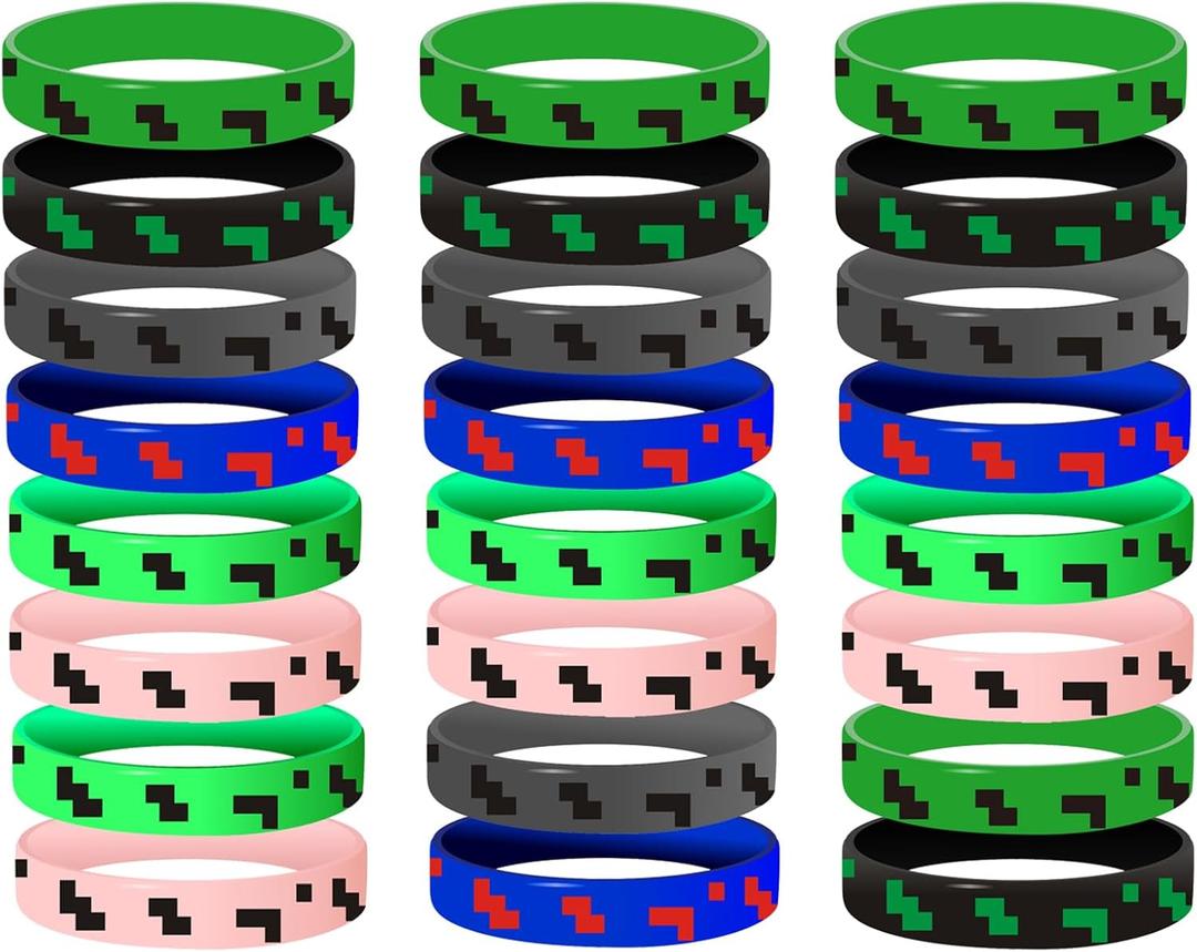 Randota 24 Pcs Pixel Silicone Bracelets for Kids - Party Favors, Birthday Decorations, Valentines Day Classroom Gifts, Small Size Geometric Theme Wristbands