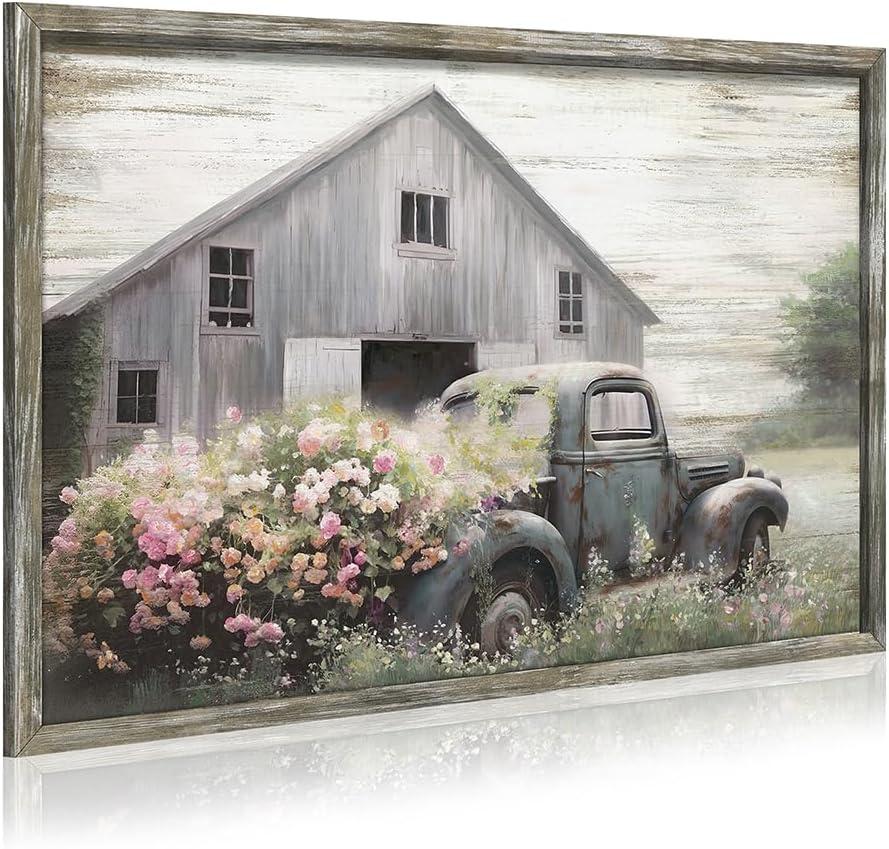 Rustic Framed Farmhouse Wall Art: Wooden Flower Truck Painting Country Barn Prints for Bedroom (24L" x 16W", gray)