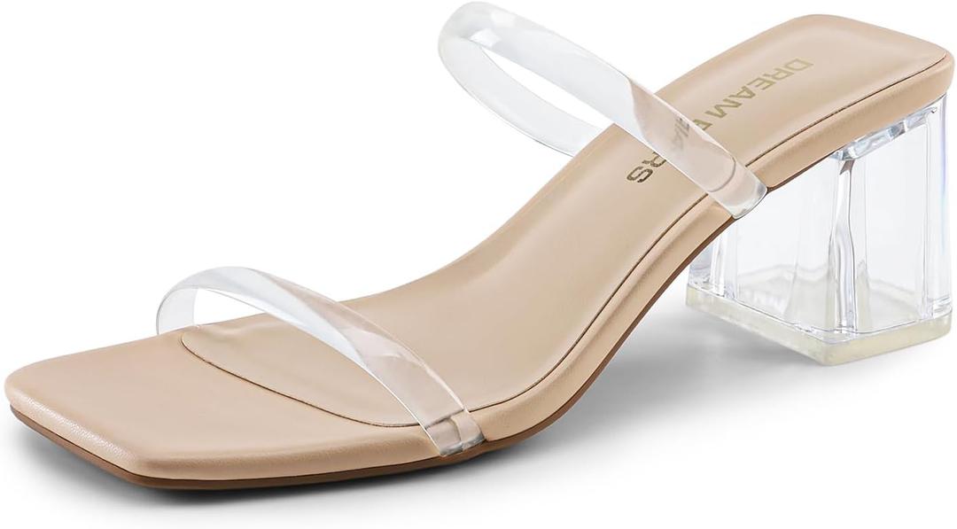 DREAM PAIRS Sandal Heels for Women Low Square Open Toe Block Chunky Heels Slip On Slides Mules for Party Homecoming Daily (8, Clear)