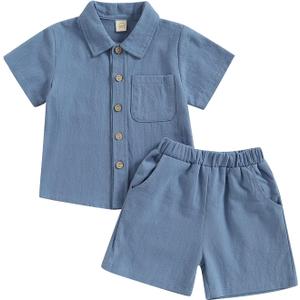 Toddler Baby Boy Linen Outfits Solid Color Short Sleeve Lapel Button Down Shirt and Shorts Summer Clothes Set (12-18 Months, Dark Blue)