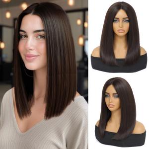 brown Bob Wigs Glueless Straight Wigs For Women Synthetic Heat Resistant Fiber Hair long bob wig Middle Part Brown Bob Wigs medium length wigs for women 16inch(brown)