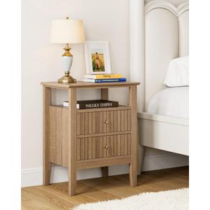 Fluted Nightstand, Farmhouse Night Stand with 2 Drawers, Mid Century Modern Side Accent Table,Bedside End Table for Bedroom, Living Room, Natural