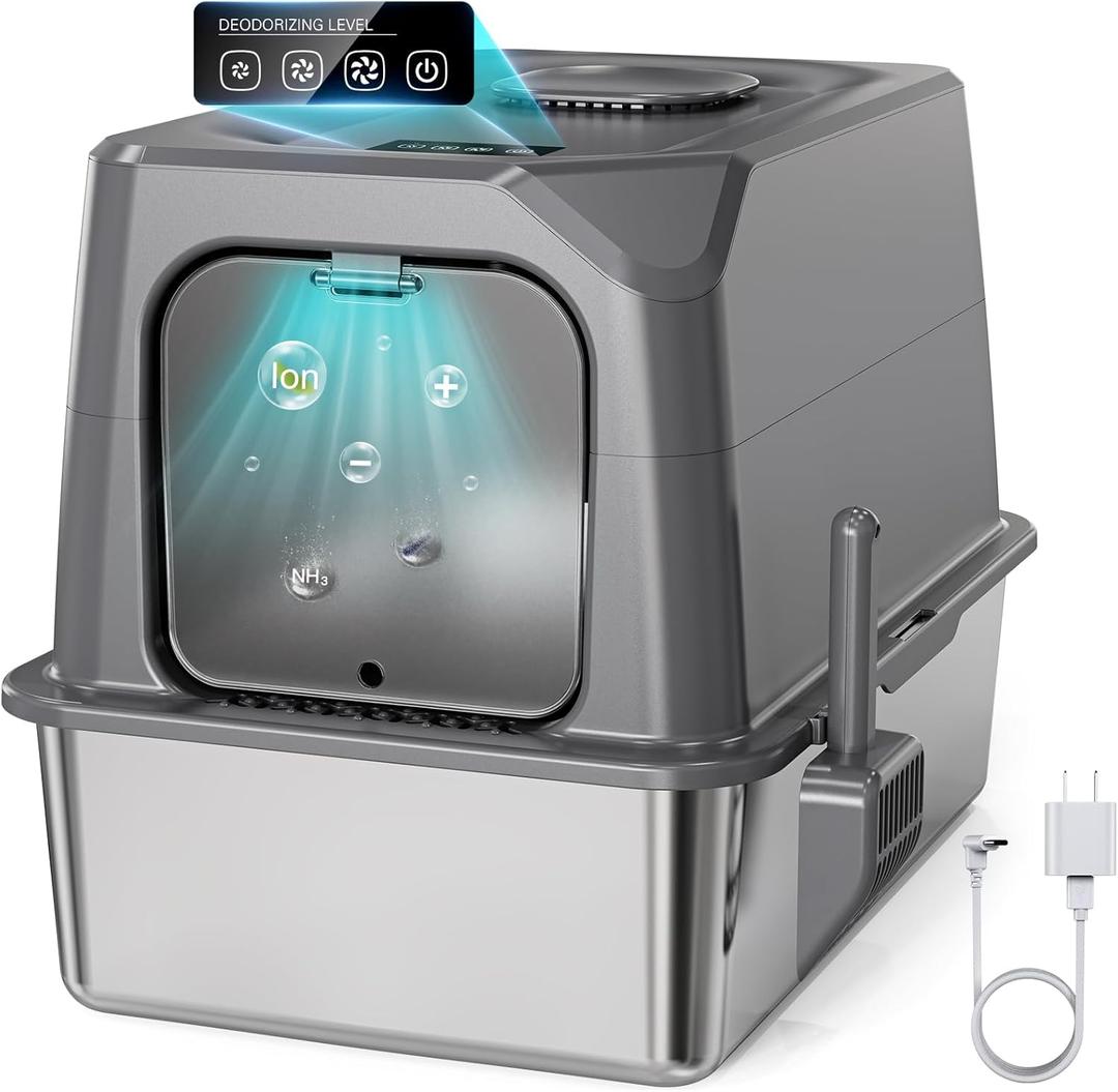 Smart Odor Control XXL Stainless Steel Litter Box for Big Cats, Multiple Cats - Enclosed with Lid, Easy Clean, Anti-Urine Leakage, with Scoop