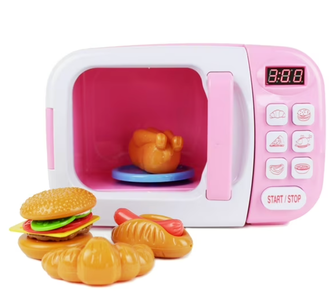 Boley Pink Microwave Playset - 11 Pc Light & Sound Pretend Play Kitchen Toys Set with Play Food for Kids Ages 3+